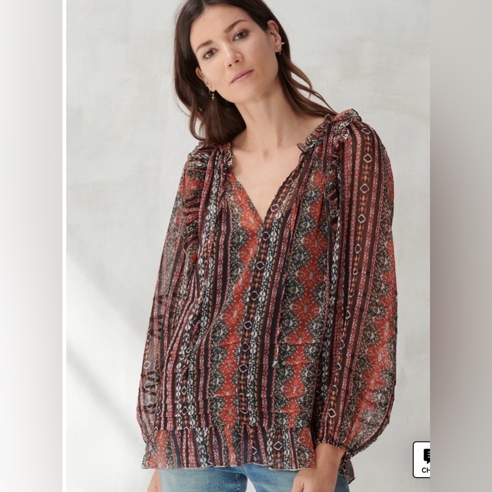 LUCKY BRAND Women's Long Sleeve Chiffon Peasant Top In Black Multi Size M $137